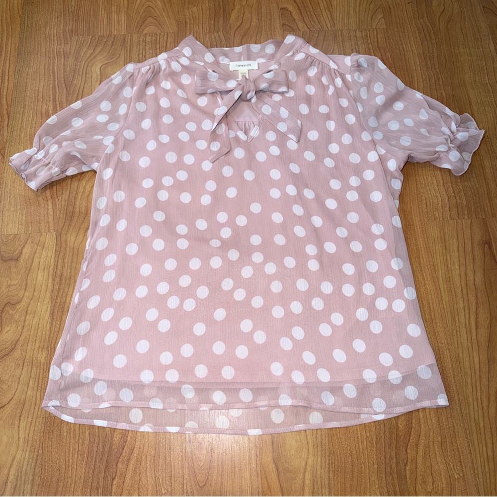 Tamara H. Women’s Pink and White Polka Dot Short Sleeve Blouse Top Size Medium - Picture 2 of 9